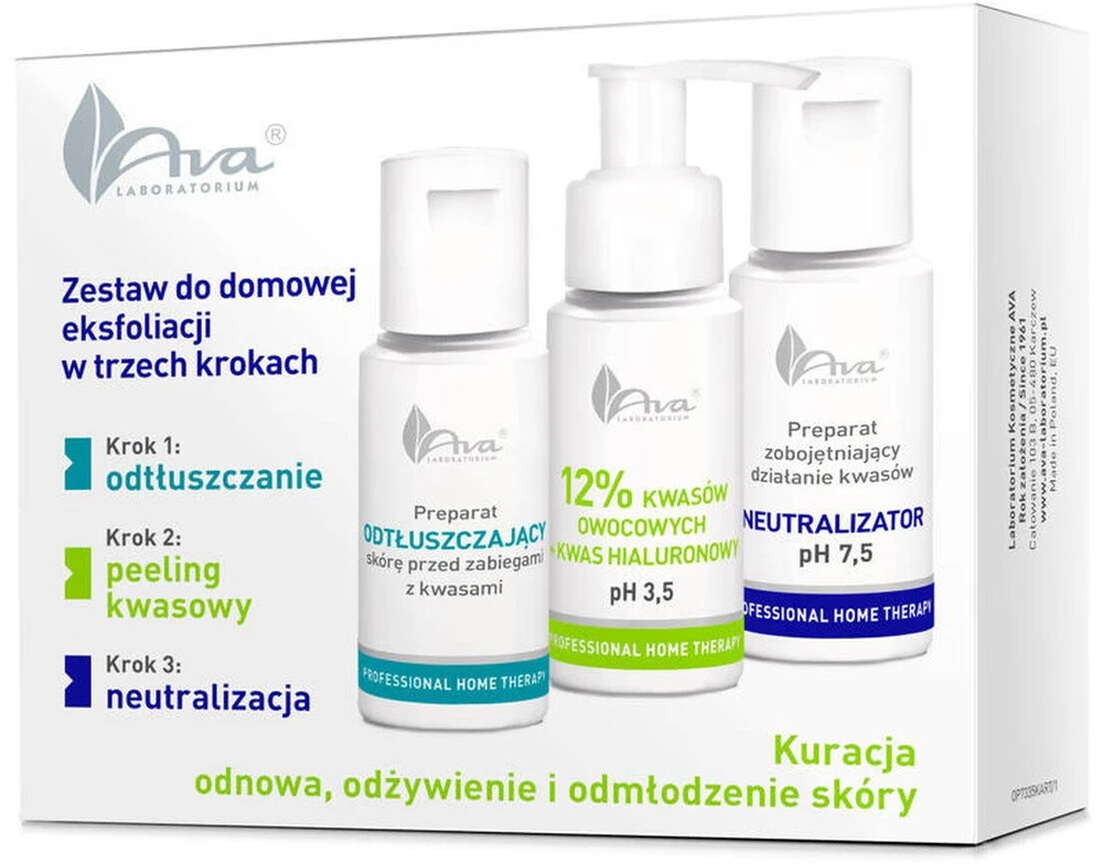 Ava Laboratorium Profesionalus namų terapijos rinkinys trijų žingsnių šveitimui namuose su vaisių rūgštimis