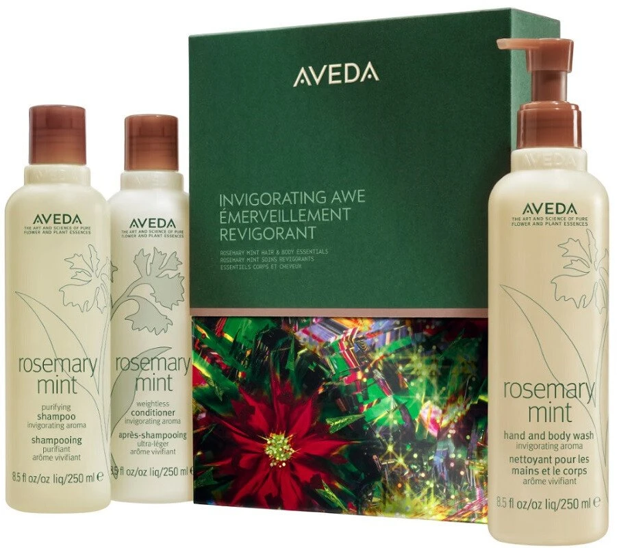Aveda „Invigorating Awe“ rinkinys: plaukų šampūnas 250 ml + plaukų kondicionierius 250 ml + kūno ir rankų prausimosi gelis 250 ml