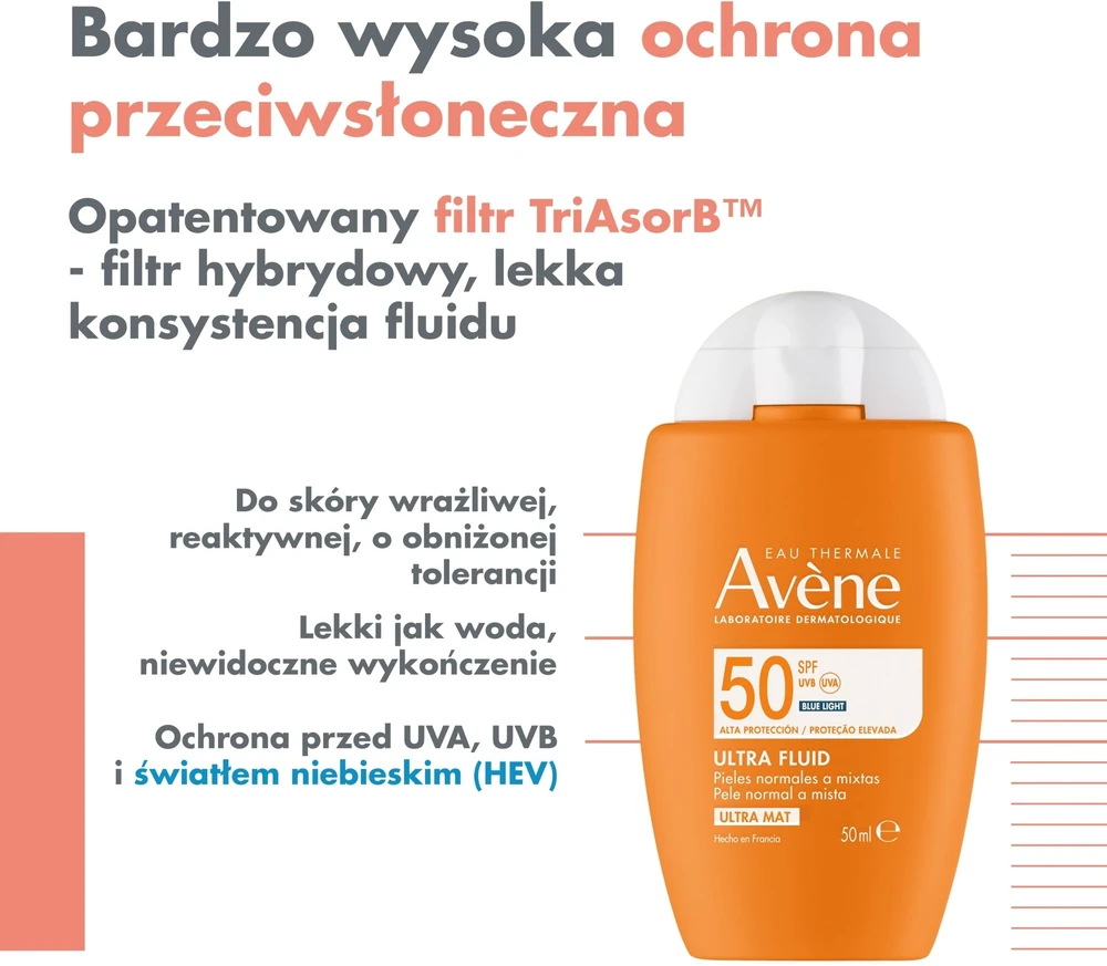Avène Ultra Fluid SPF 50 apsauginis veido fluidas nuo saulės, 50 ml