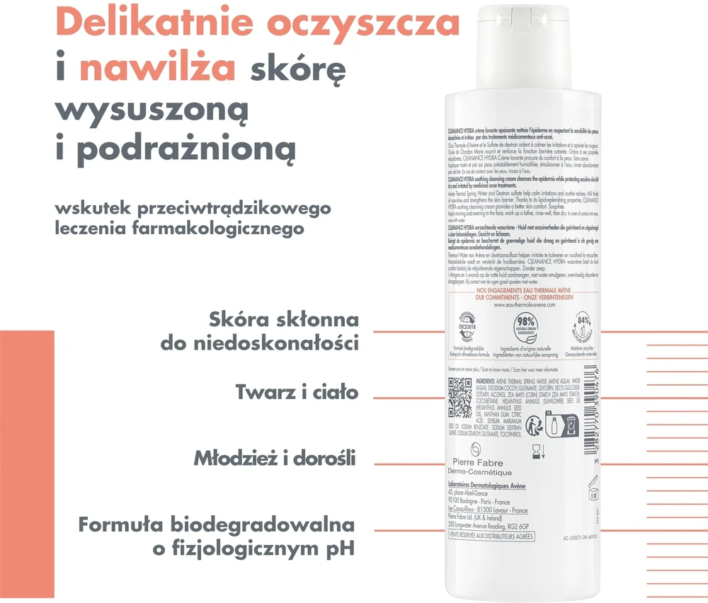 Avène Cleanance Hydra Soothing Cleansing Kreminis raminantis veido prausiklis, 200 ml
