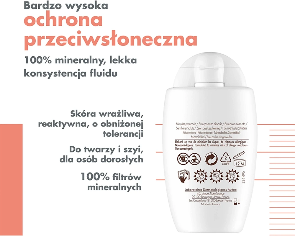 Avene Mineral Fluid SPF 50+ veido fluidas nuo saulės, 40 ml
