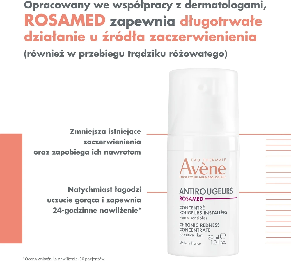 Avène Antirougeurs Rosamed Chronic Redness Concentrate paraudimą mažinantis koncentratas jautriai veido odai, 30 ml