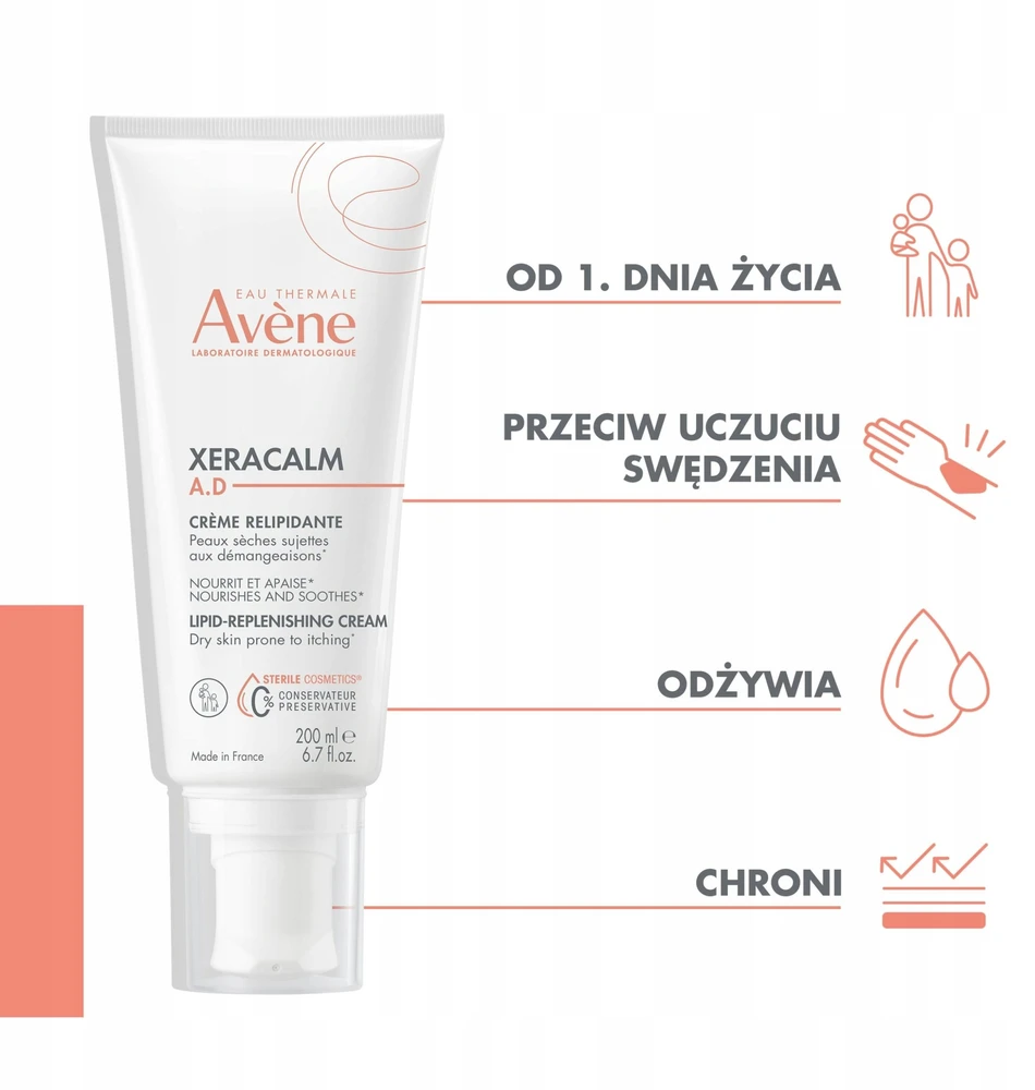 Avene Xeracalm A.D Relipidising Kreminis lipidus atkuriantis kremas sausai odai, 200 ml