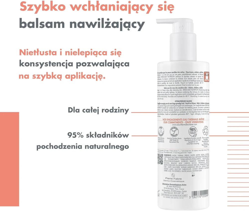 Avene XeraCalm Nutrition Moisturizing Balm drėkinantis ir maitinantis balzamas labai sausai ir jautriai veido / kūno odai, 400 ml