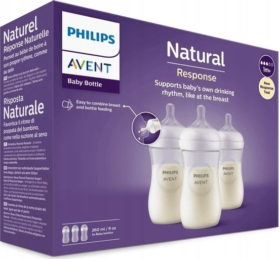 PHILIPS AVENT NATURAL RESPONSE BUTELIUKŲ RINKINYS, 260 ML, 1 MĖN.+, 3 VNT., BALTI