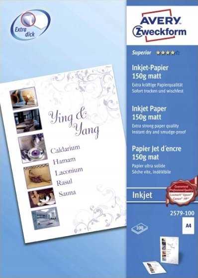 AVERY Avery 2579-100, Inkjet, A4, Baltas, 100 sheets, Canon, Epson, HP, Lexmark standard inkjet printers, 210 mm