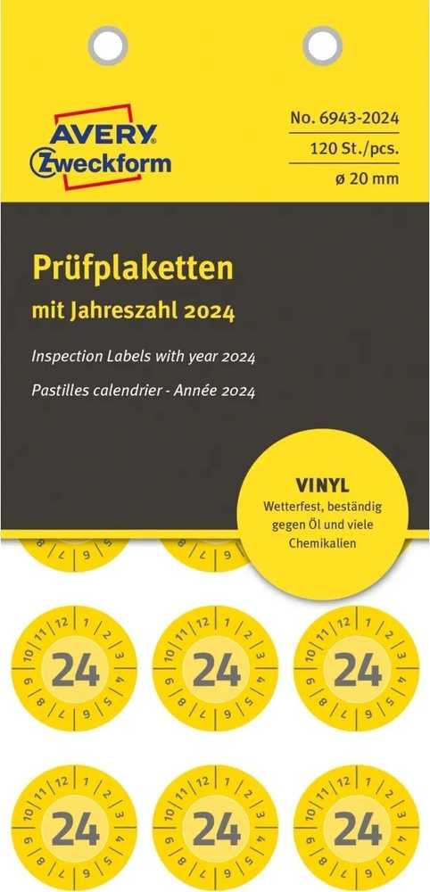 AVERY Avery 6943-2024 Ø 20 mm, 120 Etiketter, Gul Gul 152x70x3,5mm (8stk) - (8 pce pr. blister emballage)