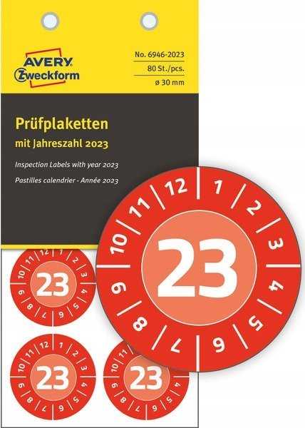 AVERY Avery 6946-2023, Raudona, Round, Permanent, Baltas on red, Vinyl, 3 cm