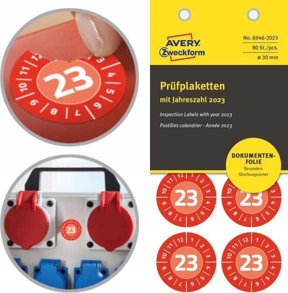 AVERY Avery 6946-2023, Raudona, Round, Permanent, Baltas on red, Vinyl, 3 cm