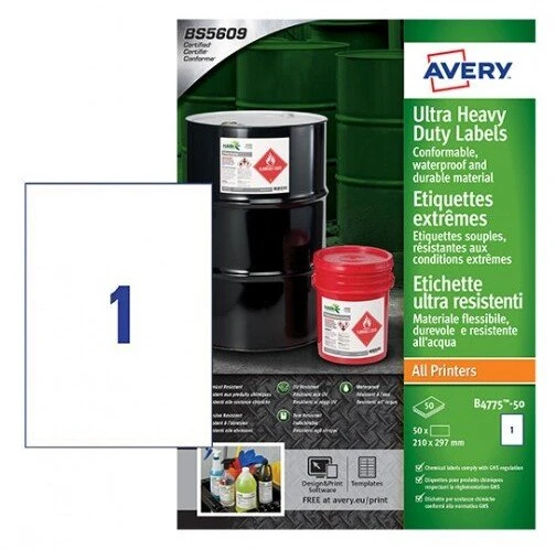 Avery Zweckform Etiketės „Avery“ 210 x 297 mm, A4, baltos - itin atsparios ir elastingos, lazeriniams spausdintuvams - (50 vnt.)