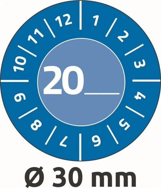 AVERY Blå inspektionsetiket Ø30 mm med årstal 20__ til selv at udfylde, Vinyl Blå - (10 ark x 8 stk.)