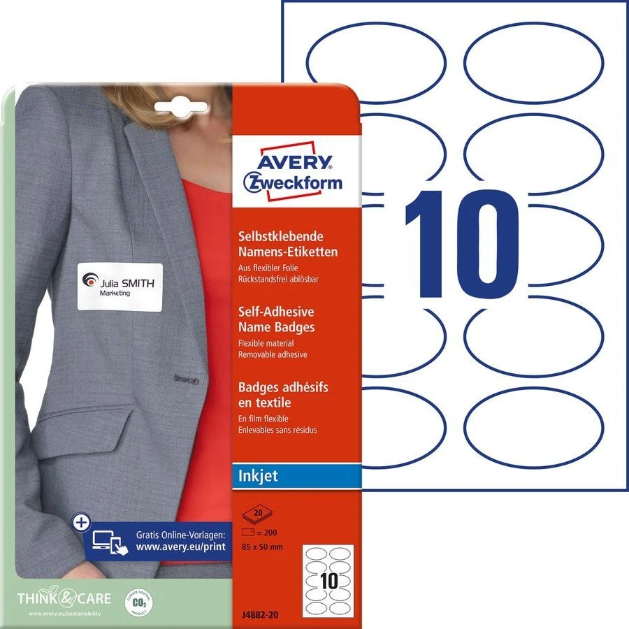 AVERY Vardinės etiketės 85x50 mm, ovalios, baltos, lipnios ant drabužių, skirtos rašaliniams spausdintuvams - (20 lapų x 10 vnt.)