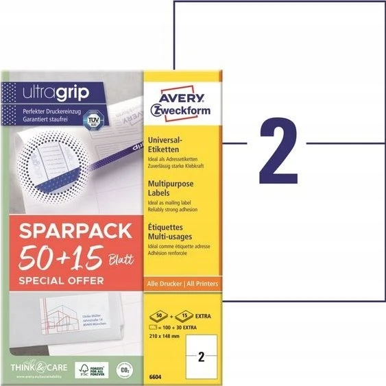 AVERY Etykiety universalus 210x148 mm balta med Ultragrip - (65 ark x 2 vnt.)
