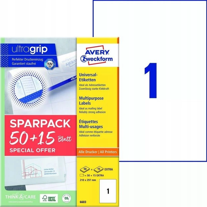 AVERY Etykiety universalus 210x297 mm balta su Ultragrip +30% dodatkowa zawartość (65 ark)