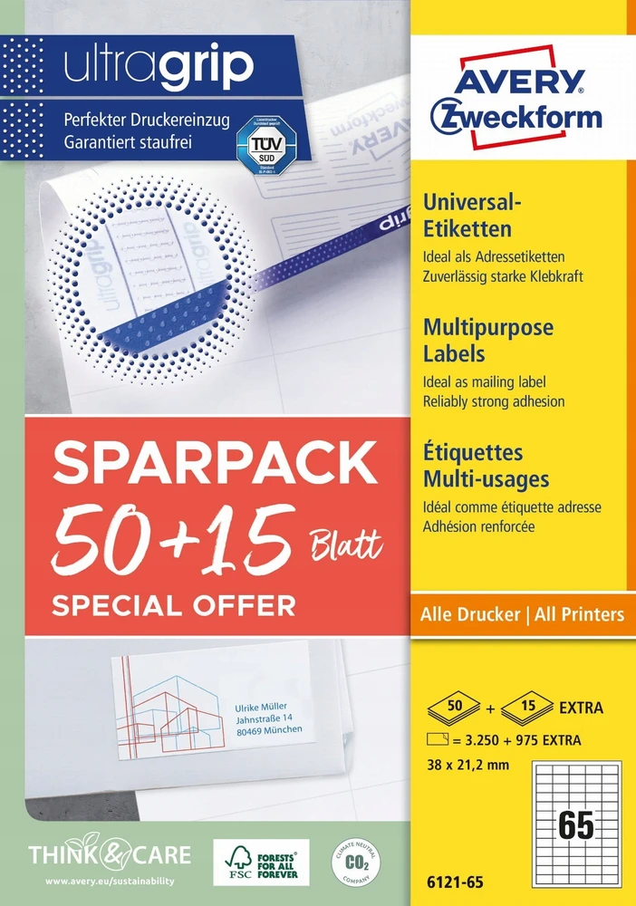 AVERY Etykiety universalus 38x21,2 mm balta med Ultragrip - (65 ark x 65 stk.)