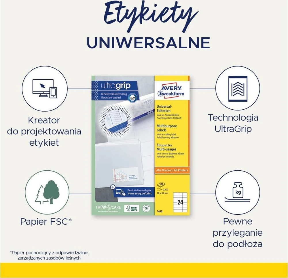 AVERY Etykiety universalus 38x21,2 mm balta med Ultragrip - (65 ark x 65 stk.)