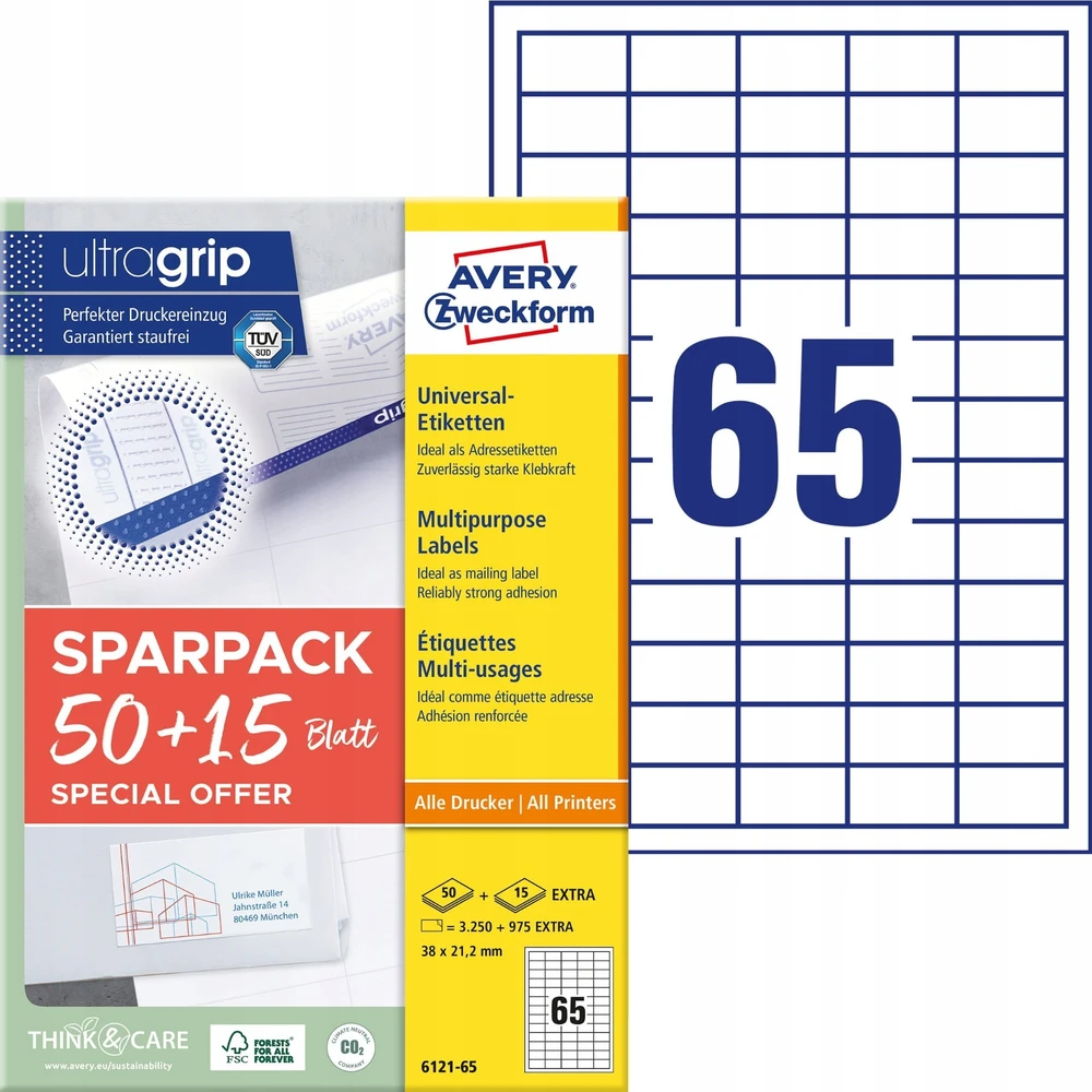 AVERY Etykiety universalus 38x21,2 mm balta med Ultragrip - (65 ark x 65 stk.)