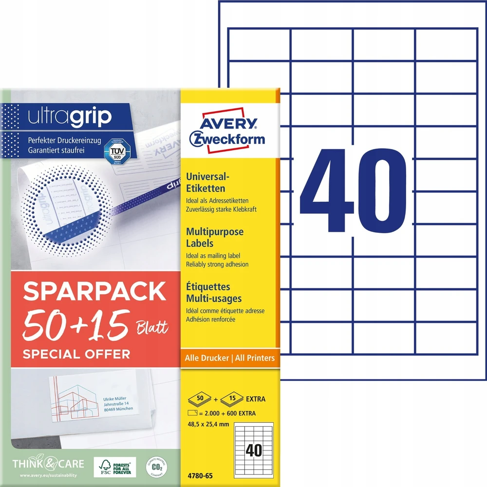 AVERY Universali etiketė 48,5x25,4 mm, balta su Ultragrip + 30% papildomo turinio - (65 lap. x 40 vnt.)