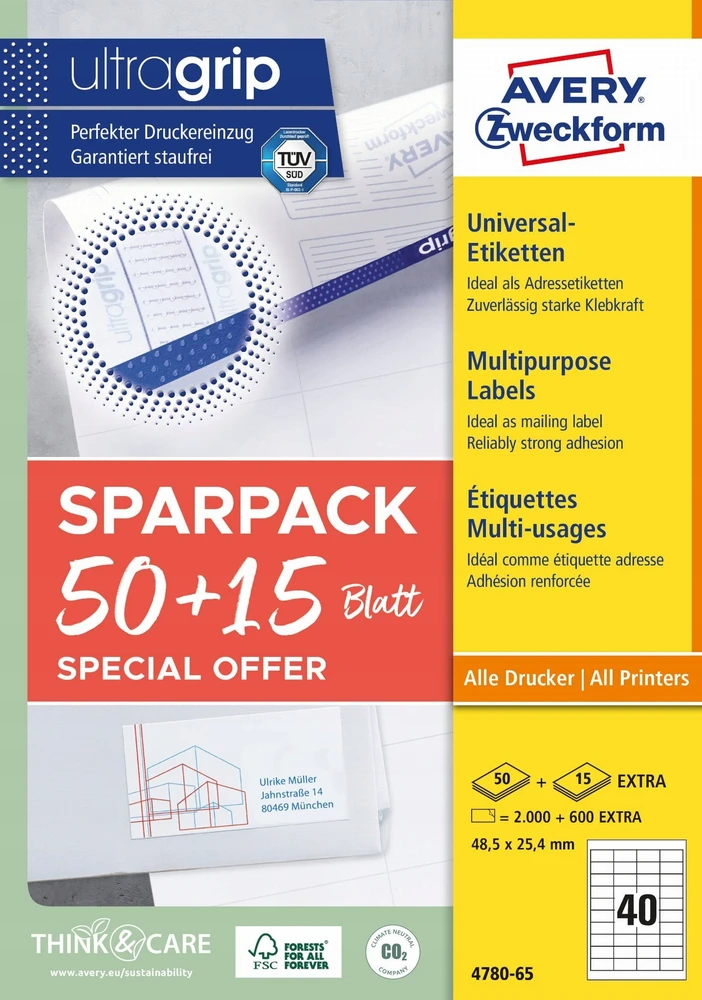 AVERY Universali etiketė 48,5x25,4 mm, balta su Ultragrip + 30% papildomo turinio - (65 lap. x 40 vnt.)