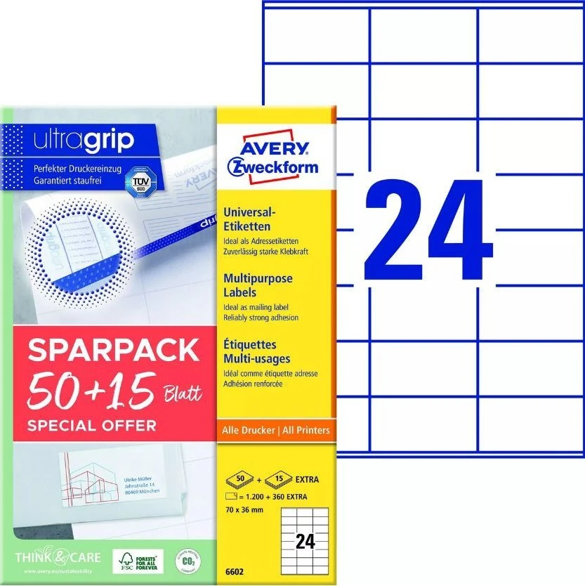 AVERY Etykiety universalus 70x36 mm balta med Ultragrip - (65 ark x 24 stk.)
