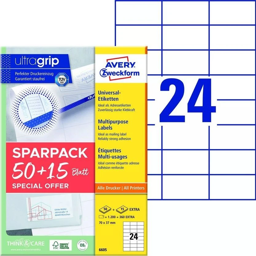 AVERY etiketės universalios 70x37 mm balta su Ultragrip + 30% papildomo turinio (65 lapai x 24 vnt.)