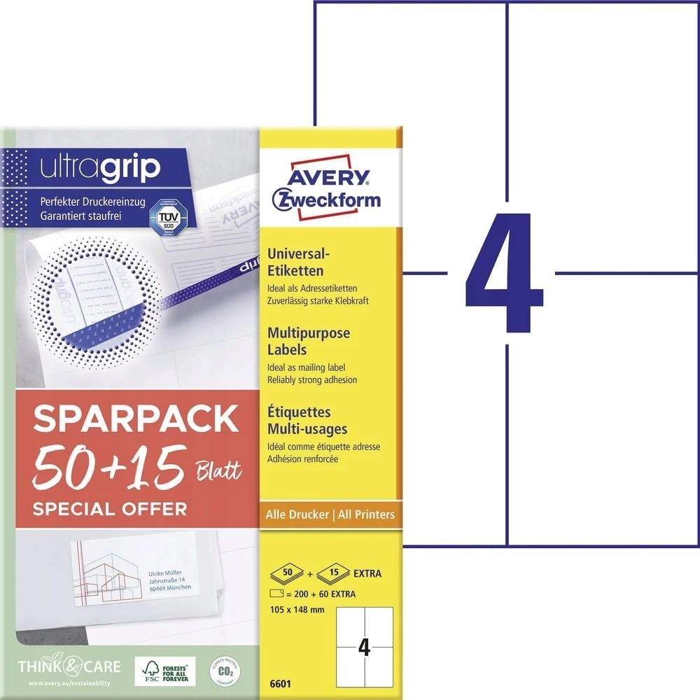 AVERY etiketės universalios baltos su „Ultragrip“ +30% papildomo kiekio 105x148 mm (65 lapai x 4 vnt.)