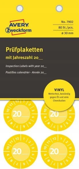 AVERY Gul inspektionsetiket Ø30 mm med årstal 20__ til selv at udfylde, Vinyl Gul - (10 ark x 8 stk.)