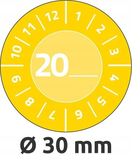 AVERY Gul inspektionsetiket Ø30 mm med årstal 20__ til selv at udfylde, Vinyl Gul - (10 ark x 8 stk.)