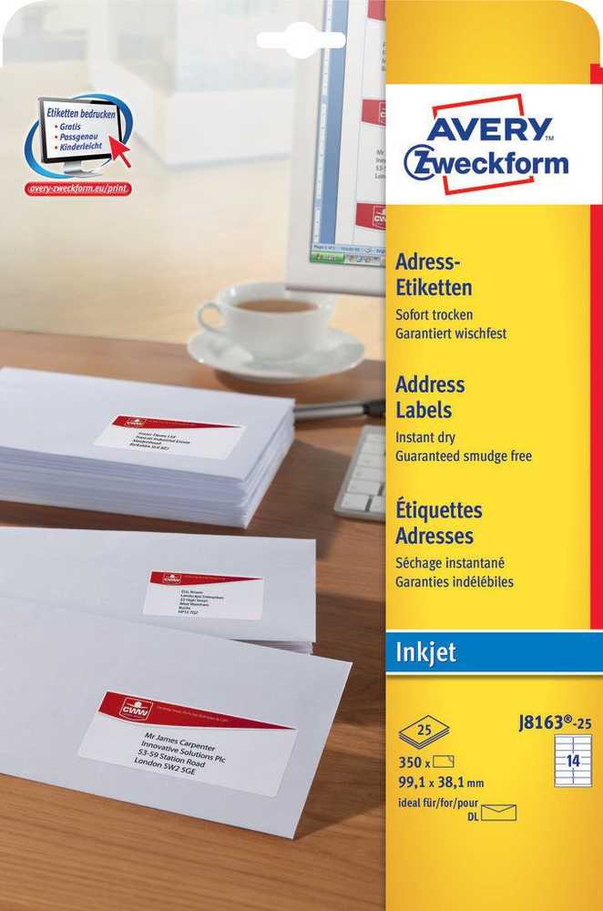 Avery Zweckform Adresų etiketės vokams 99,1 x 38,1 mm (J8163-25)