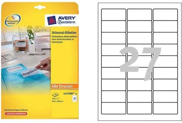 Lipnios etiketės Avery Zweckform, A4, nuimamos, 63.5×29.6mm, 27 etiketės lape, 25 lapai