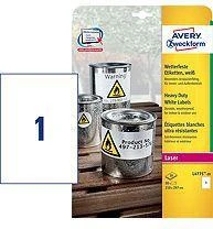 Lipnios etiketės Avery Zweckform, A4, atsparios drėgmei, 210x297mm, 1 etiketė lape, 20 lapų, nuklijuojamos, baltos spalvos