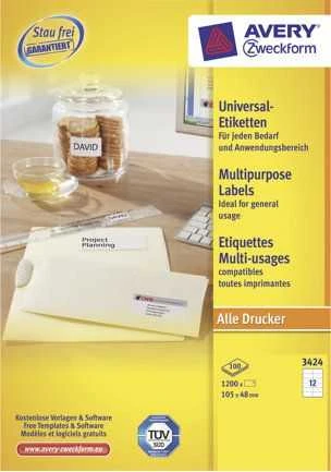 Lipnios etiketės Avery Zweckform, A4, 105x48mm, 12 etikėčių lape, be rėmelio, 100 lapų, baltos spalvos spalvos