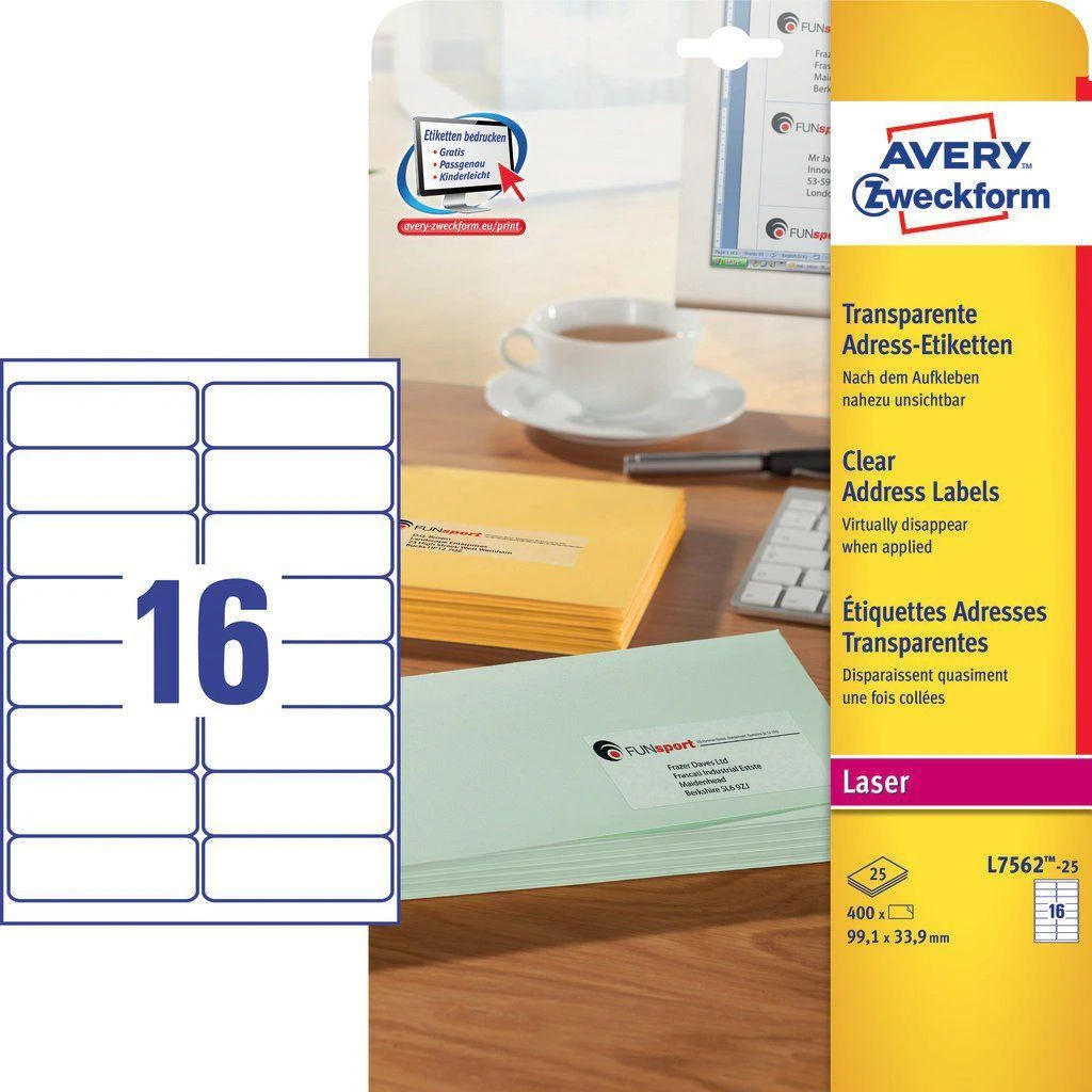 Avery Zweckform Adresų etiketės vokams 99,1 x 33,9 mm (L7562-25)
