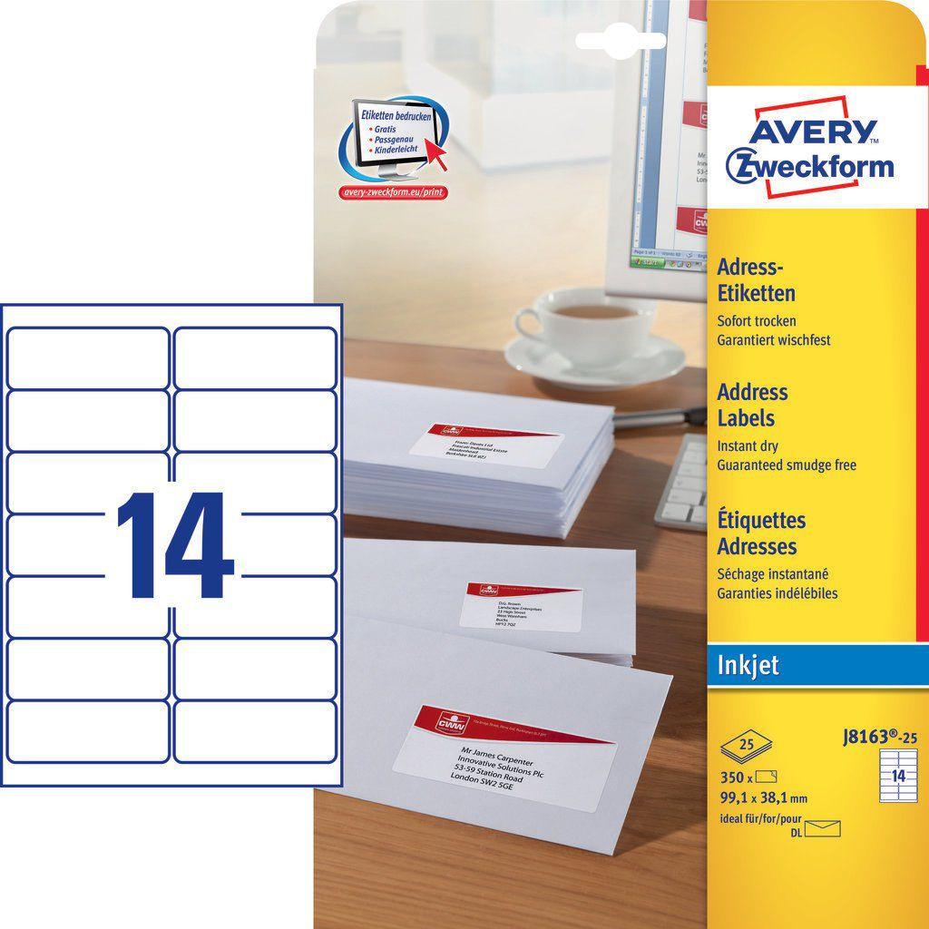 Avery Zweckform Adresų etiketės vokams 99,1 x 38,1 mm (J8163-25)