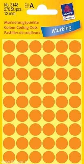Lipdukai Avery Zweckform, apvalūs, Ø12mm, 270vnt pakuotėje, oranžinės spalvos
