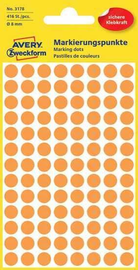 Lipdukai AVERY, apvalūs, Ø8mm, 416vnt, oranžinė
