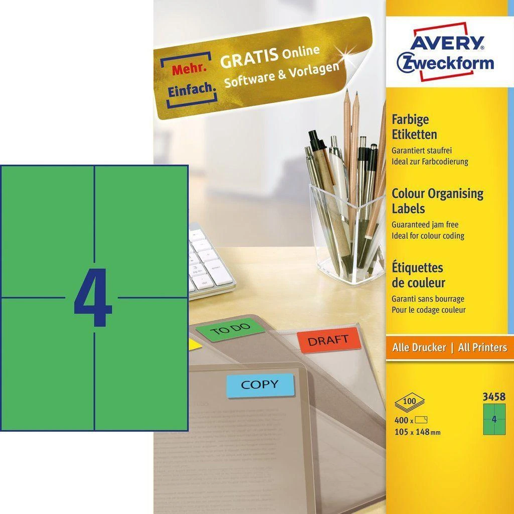 Lipnios etiketės Avery Zweckform, 105x148mm, 4 etiketės lape, 100 lapų, žalios spalvos