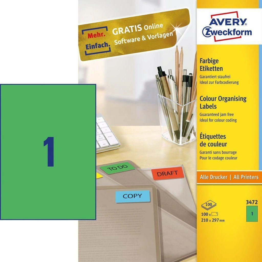 Lipnios etiketės Avery Zweckform, A4, 210x297mm, 1 etiketė lape, 100 lapų, žalios spalvos