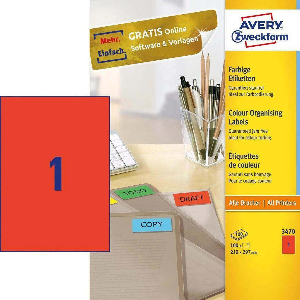 Avery Zweckform spalvotos etiketės 210 x 297 mm raudona (3470)