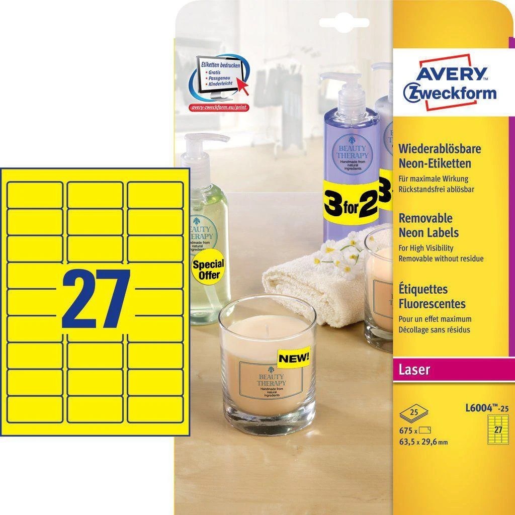 Lipnios etiketės Avery Zweckform, A4, 63.5×29.6mm, 25 lapai, neoninės geltonos spalvos