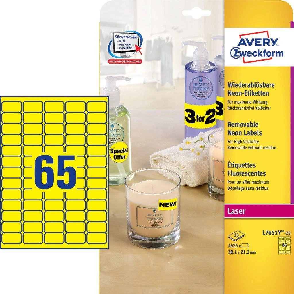 „Avery Zweckform Gelton“ neoninės etiketės, 38,1 x 21,2 mm (L7651Y-25)