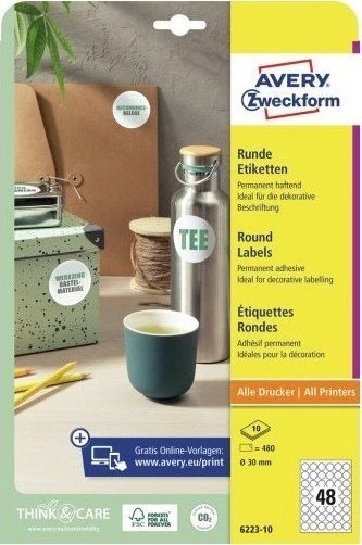 Avery Zweckform etykiety papierowe , A4, 10 ark., śr.30mm, apvalus, trwałe
