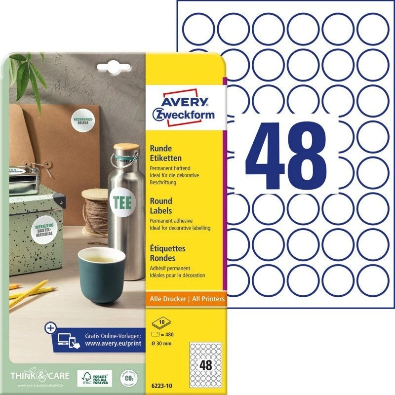 Avery Zweckform etykiety papierowe , A4, 10 ark., śr.30mm, apvalus, trwałe