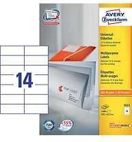 Lipnios etiketės Avery Zweckform, A4, 105×42,3mm, 14 etikėčių lape, be rėmelio, 100 lapų, baltos spalvos