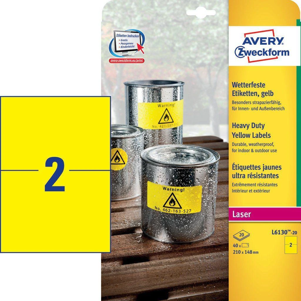 Avery Zweckform vandeniui atsparios etiketės, didelės apkrovos 210 x 148 mm geltonos (L6130-20)