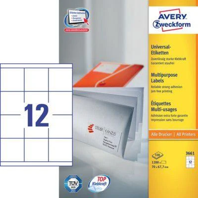 Lipnios etiketės Avery Zwerckform, A4, 70×67,7mm, 12 etikečių lape, 100 lapų, baltos spalvos