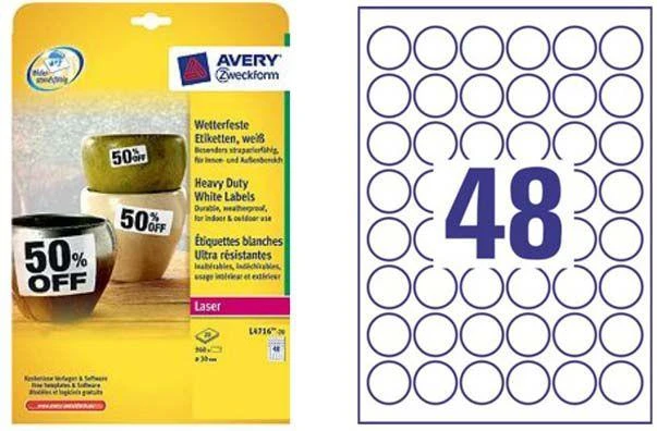 Apvalios lipnios etiketės Avery Zweckform, A4, atsparios drėgmei, 30mm, 48 etiketės lape, 20 lapų, baltos spalvos