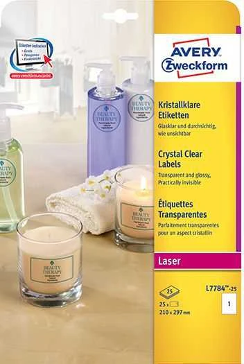 Lipnios etiketės Avery Zweckform, A4, 210x297mm, 25 lapai, skaidrios