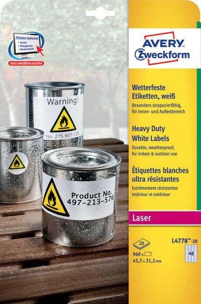 „Avery Heavy Duty“ nuimamos vandeniui atsparios etiketės 45,7 x 21,2 mm Balta spausdintuvui 960 vnt