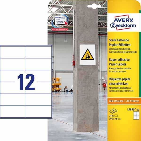 Avery Zweckform etiketės 105mm x 48mm, A4, balta, 12 etikečių, didelis sukibimas, supakuotas 20 vnt., L7875-20, spausdintuvams